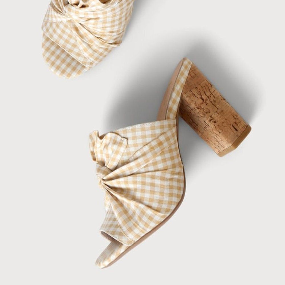 Lulu's Women's Gingham Cork Heeled Sandals Cocktail Party Toffee Mule  Size 7 - Picture 3 of 4